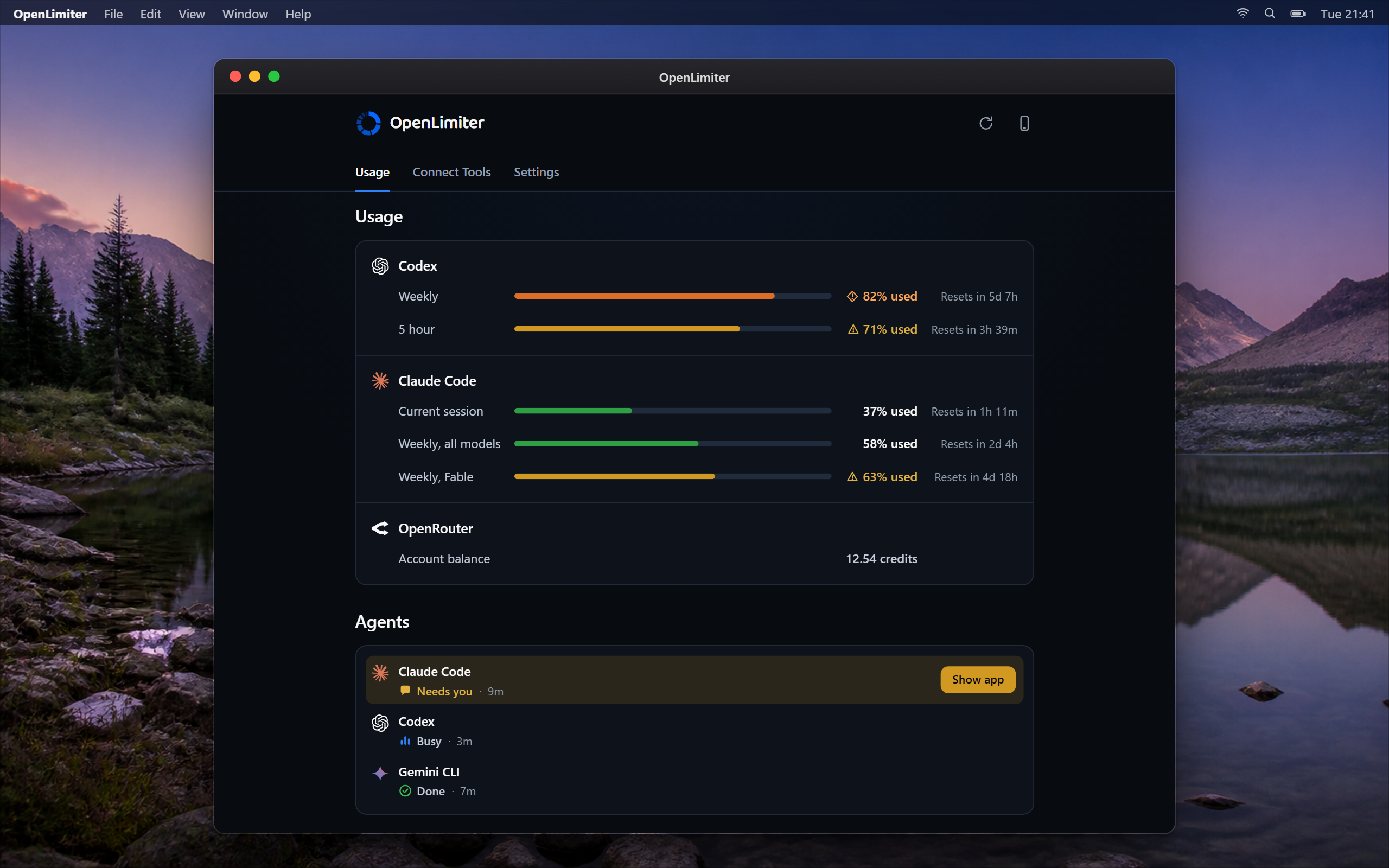 The OpenLimiter desktop Usage tab window with synthetic bars for Codex, Claude Code and OpenRouter.