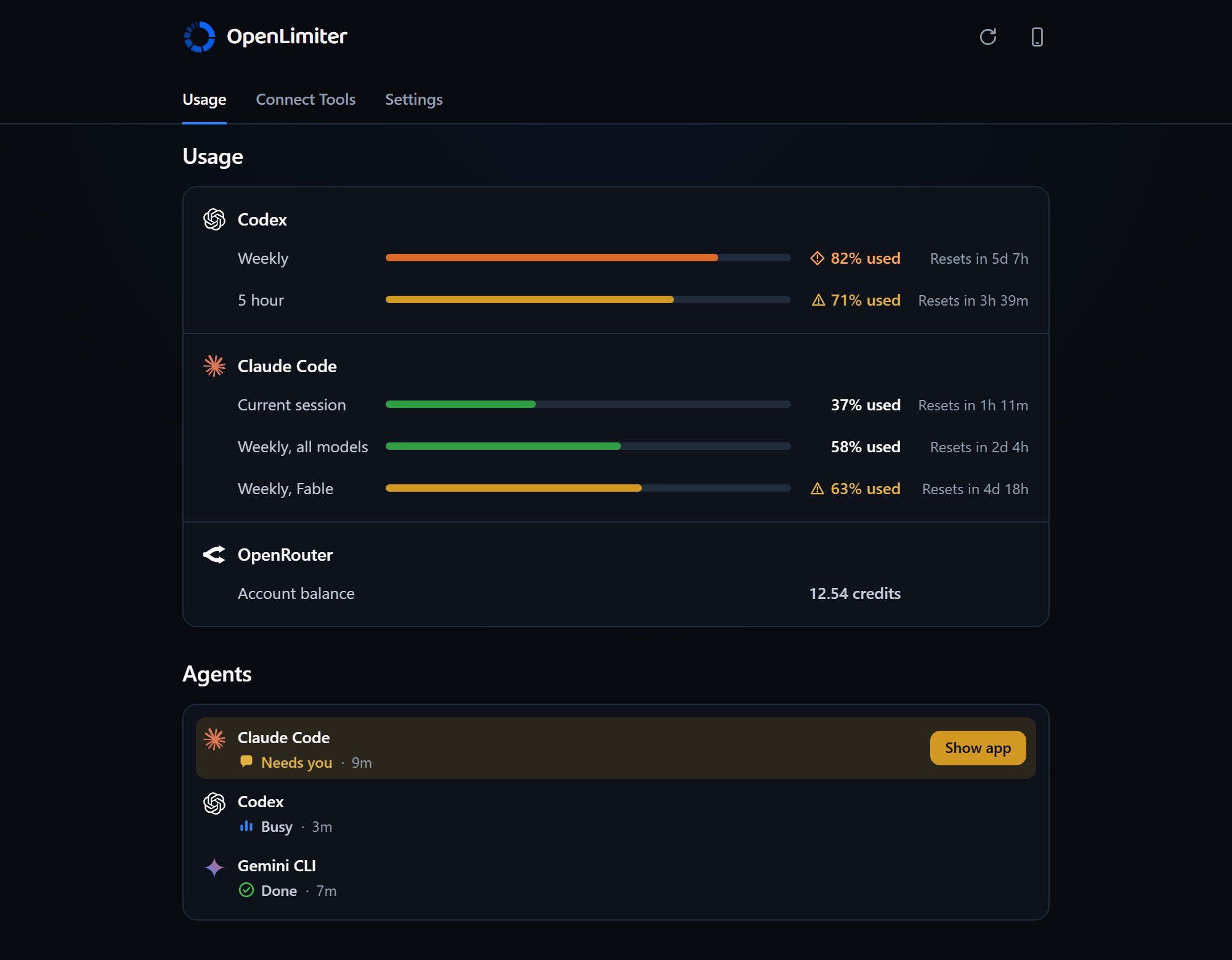 OpenLimiter desktop Usage tab with synthetic bars for Codex, Claude Code and OpenRouter.