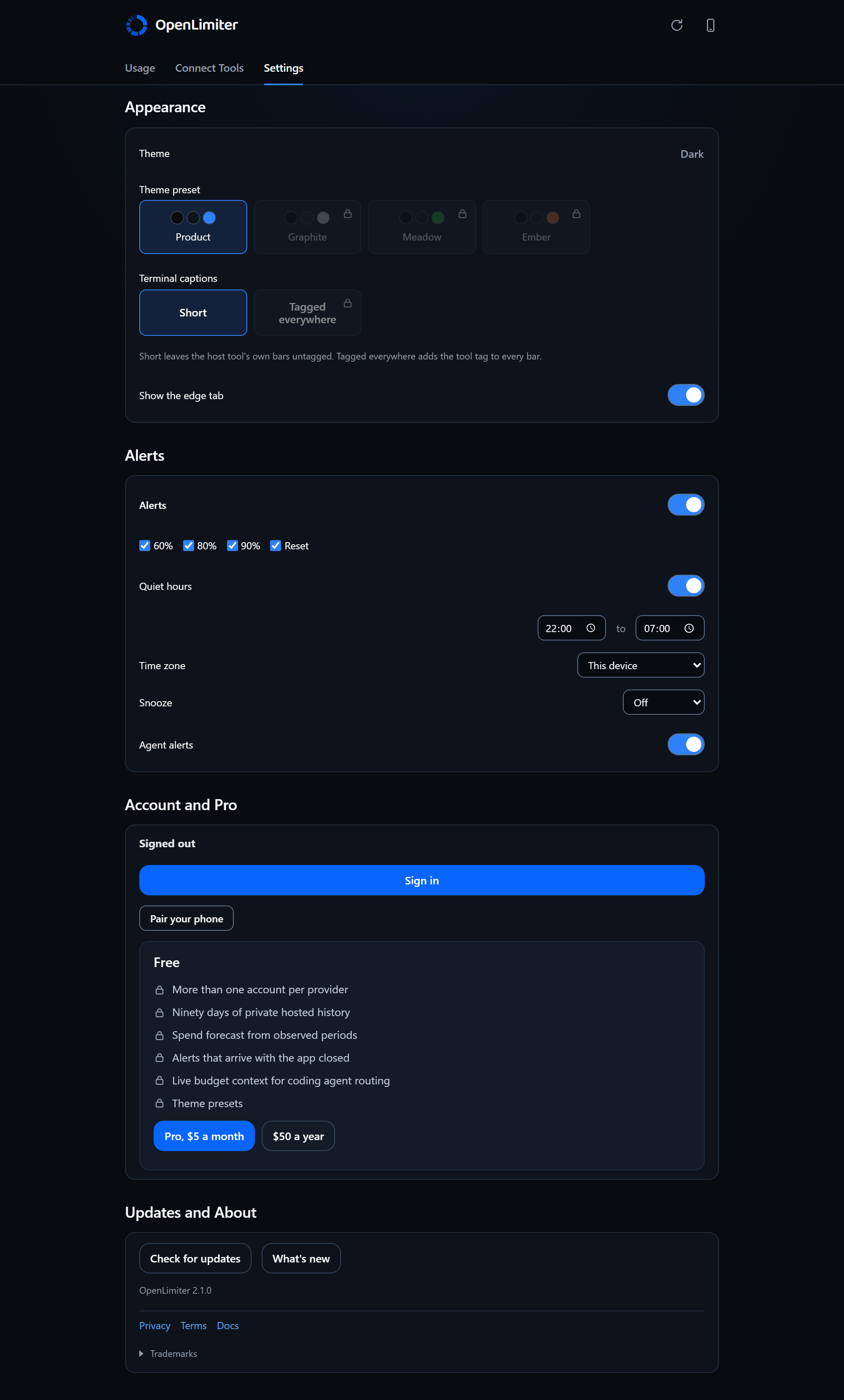 OpenLimiter desktop Settings tab showing choices for the application.