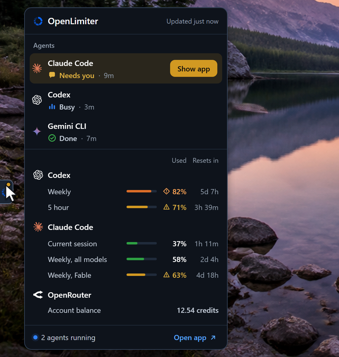 The real OpenLimiter panel open beside the edge tab, with synthetic data: Claude Code needs you and offers Show app, Codex is busy and Gemini CLI is done, then limits for Codex, Claude Code and OpenRouter with bars and reset times, and an Open app link.