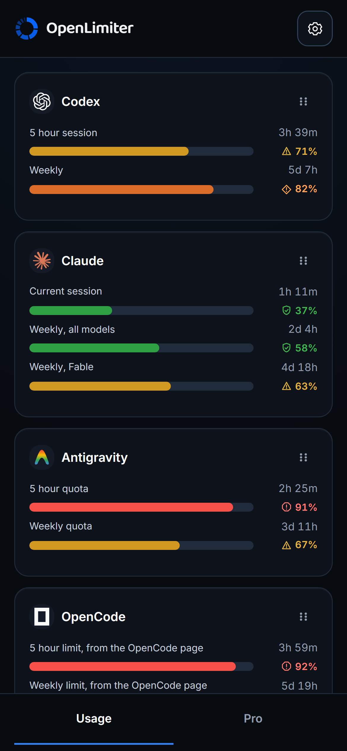 The paired OpenLimiter phone app showing every connected provider and its usage bars.