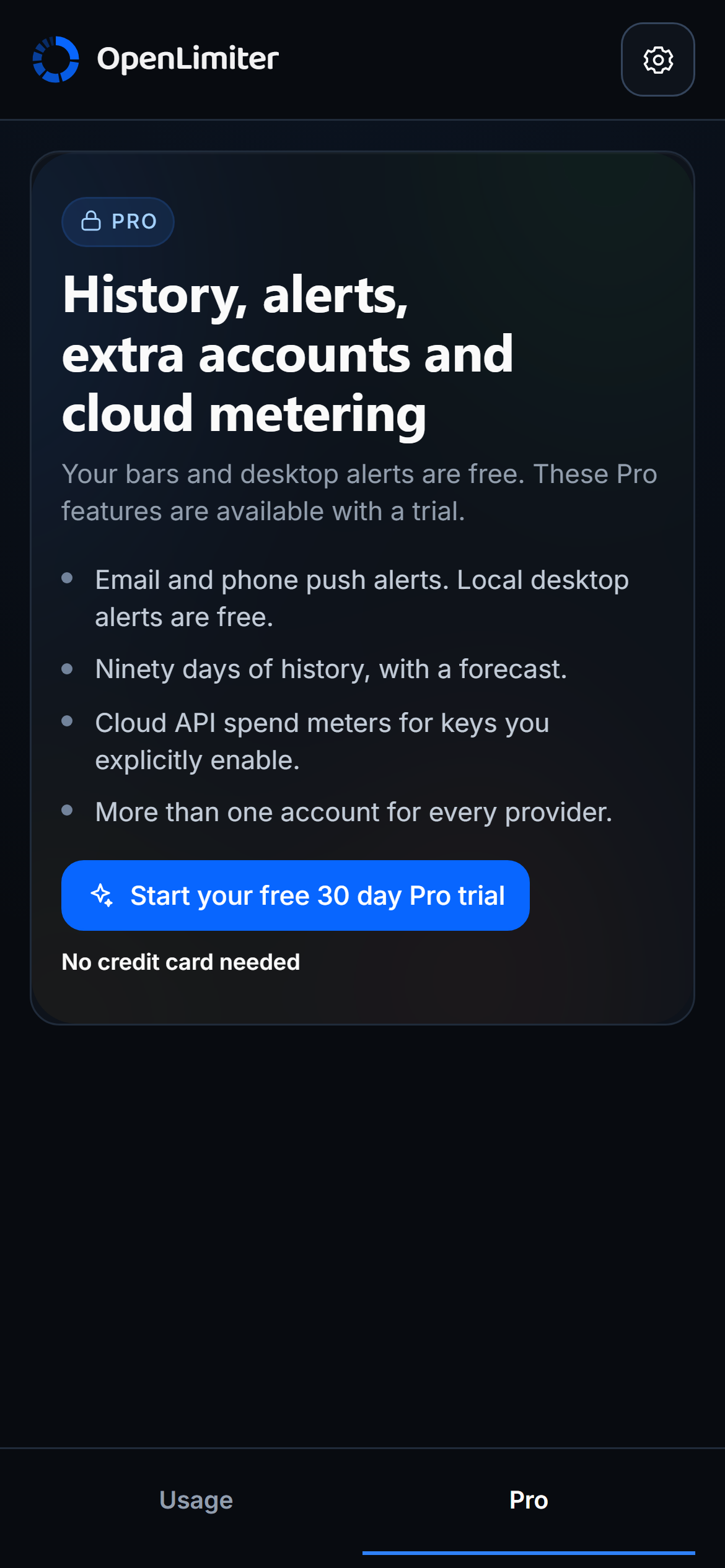 The paired OpenLimiter phone app showing the Pro tab with its trial and paid features.