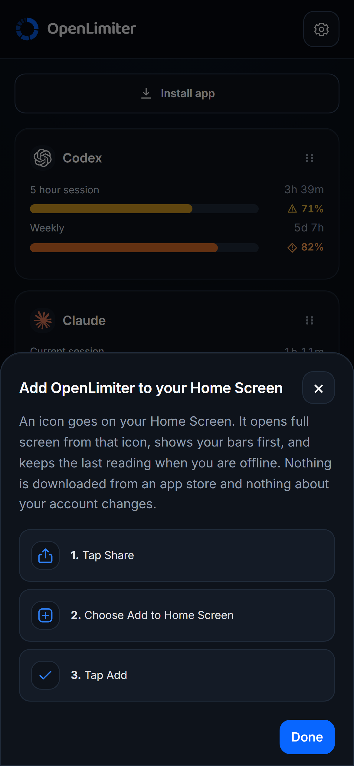 The OpenLimiter phone app showing the iOS installation sheet in Safari.