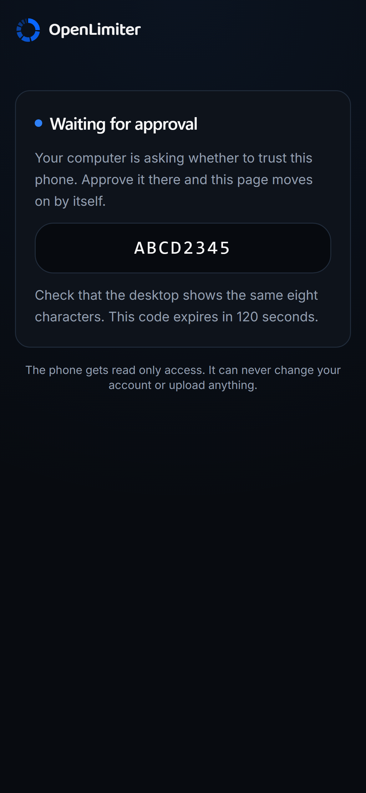 The OpenLimiter phone app waiting for the desktop to approve pairing with a synthetic code.